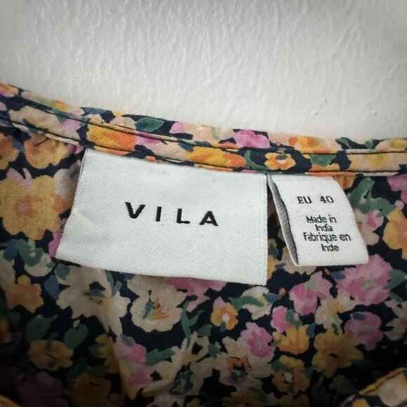 Vila Floral Puff Sleeve Peasant Coquette Mini Dress Ruffled Collar - Picture 4 of 7